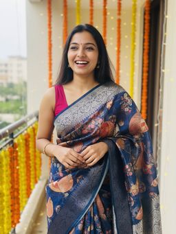 Libas - Navy Blue Printed Silk Blend Saree with Unstitched Blouse