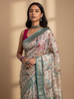 Libas - Beige Printed Silk Blend Saree with Unstitched Blouse