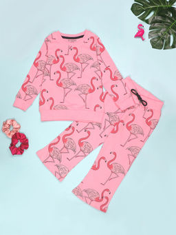 Be Awara - Flamingo Print Girls Sweatshirt & Flared Pants Pink (Set of 2)