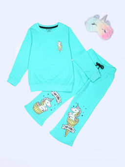 Be Awara - Unicorn Print Girls Sweatshirt & Flared Pants Blue (Set of 2)