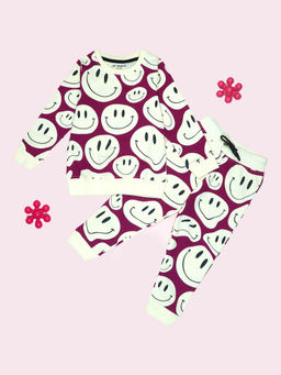 Be Awara - Smiley Pattern Kids Sweatshirt & Joggers Maroon (Set of 2)