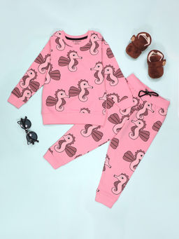 Be Awara - Sea Horse Pattern Kids Sweatshirt & Joggers Pink (Set of 2)