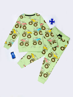 Be Awara - Monster Trucks Pattern Kids Sweatshirt & Joggers Green (Set of 2)