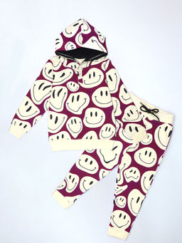 Be Awara - Smiley Pattern Kids Hoodie & Joggers Maroon (Set of 2)