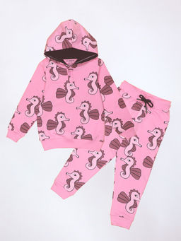 Be Awara - Sea Horse Pattern Kids Hoodie & Joggers Pink (Set of 2)