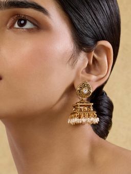 Indinoor - Rukshmani Temple Jhumka Earrings - White