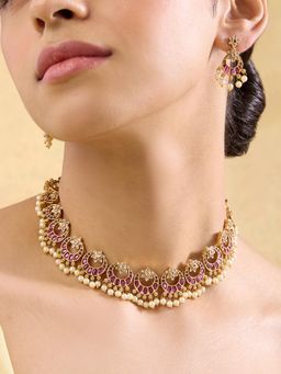 Indinoor - Meenama Temple Necklace with Earrings- Pink