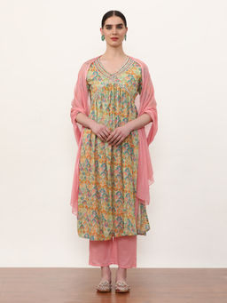 Jaipur Kurti - Pure Cotton Embroidered Kurta with Trouser and Dupatta (Set of 3)