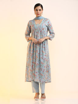 Jaipur Kurti - Pure Cotton Floral Printed Kurta with Trouser and Dupatta (Set of 3)