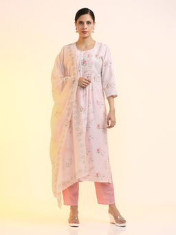 Jaipur Kurti - Linen Floral Printed Kurta with Trouser and Dupatta (Set of 3)