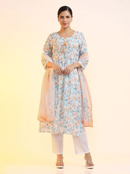 Jaipur Kurti - Linen Floral Printed Kurta with Trouser and Dupatta (Set of 3)