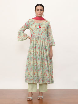 Jaipur Kurti - Pure Cotton Floral Printed Anarkali Kurta with Trouser and Dupatta (Set of 3)