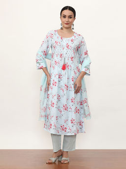 Jaipur Kurti - Linen Floral Printed Kurta with Trouser and Dupatta (Set of 3)