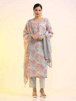 Jaipur Kurti - Linen Floral Printed Kurta with Trouser and Dupatta (Set of 3)