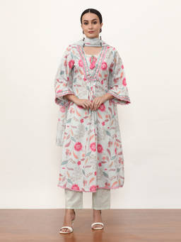 Jaipur Kurti - Linen Floral Printed Kurta with Trouser and Dupatta (Set of 3)