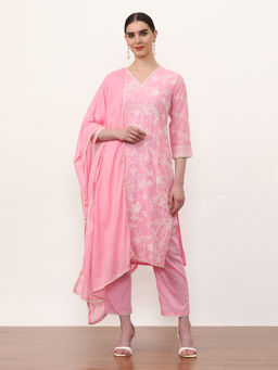 Jaipur Kurti - Pure Cotton Embroidered Kurta with Trouser and Dupatta (Set of 3)