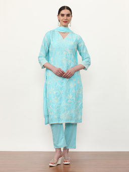 Jaipur Kurti - Pure Cotton Embroidered Kurta with Trouser and Dupatta (Set of 3)