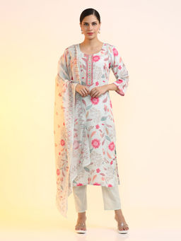 Jaipur Kurti - Linen Floral Printed Kurta with Trouser and Dupatta (Set of 3)