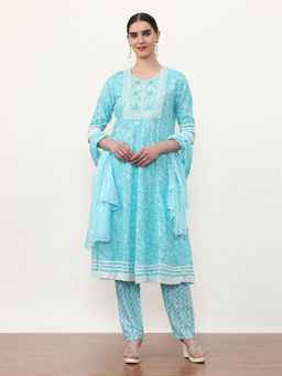 Jaipur Kurti - Pure Cotton Embroidered Anarkali Kurta with Trouser and Dupatta (Set of 3)