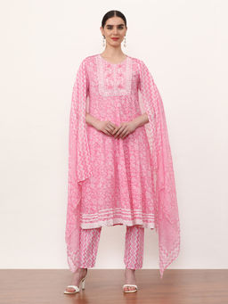 Jaipur Kurti - Pure Cotton Embroidered Anarkali Kurta with Trouser and Dupatta (Set of 3)