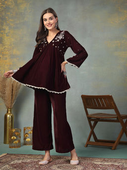 Stylum - Wine Solid and Embroidered Velvet Co-Ord (Set of 2)