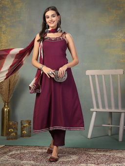 Stylum - Purple Solid Poly Crepe Anarkali Kurta with Trouser and Dupatta (Set of 3)