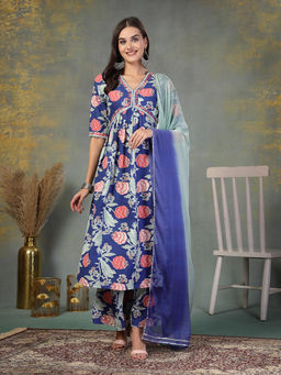 Stylum - Blue Floral Printed Rayon Alia Cut Kurta with Palazzo and Dupatta (Set of 3)