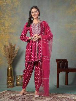 Stylum - Gem Bandhani Printed Rayon Pleated Kurti with Dhoti Pant and Dupatta (Set of 3)