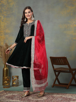 Stylum - Green Solid Velvet Flared Kurti with Trouser and Dupatta (Set of 3)