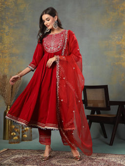 Stylum - Pink Solid Velvet Anarkali Kurta with Trouser and Dupatta (Set of 3)