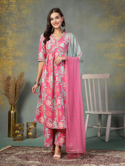 Stylum - Pink Floral Printed Rayon Alia Cut Kurta with Palazzo and Dupatta (Set of 3)