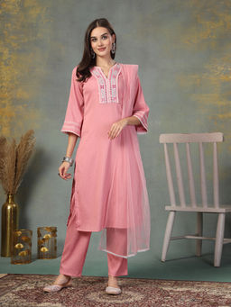 Stylum - Pink Solid Italian Crush Straight Kurta with Trouser and Dupatta (Set of 3)