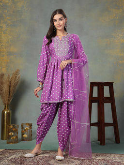 Stylum - Purple Bandhani Printed Rayon Kurti with Dhoti Pant and Dupatta (Set of 3)
