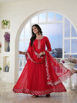 Stylum - Red Solid Georgette Anarkali Kurta with Trouser and Dupatta (Set of 3)
