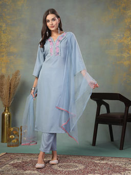 Stylum - Sky Blue Solid Italian Crush Straight Kurta with Trouser and Dupatta (Set of 3)