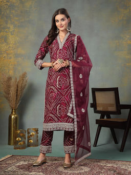 Stylum - Violet Bandhani Print Muslin Straight Kurta with Trouser and Dupatta (Set of 3)