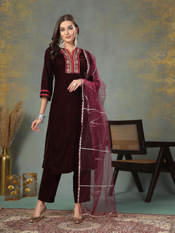 Stylum - Wine Solid Velvet Straight Kurta with Trouser and Dupatta (Set of 3)