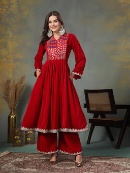 Stylum - Pink Solid and Embroidered Velvet Anarkali Kurta with Palazzo (Set of 2)