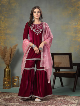 Stylum - Magenta Solid Velvet Straight Kurti with Sharara and Dupatta (Set of 3)