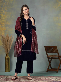 Nayam by lakshita - Solid Embroidered Straight Velvet Kurta with Trouser and Dupatta (Set of 3)