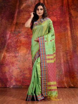 CHARUKRITI - Lime Green Blend Tusser Duel Tone Saree and Geometric Design in Pallu & Unstitched Blouse