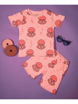 Be Awara - Half Sleeves Cotton T-shirt & Shorts Jellyfish Print Pink (Set of 2)