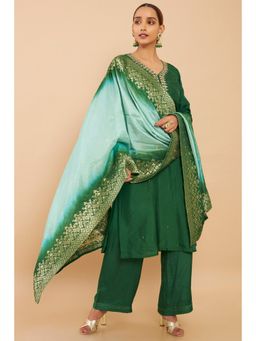 Soch - Green Silk Dress Material with Woven Zari Designs and Contrast Dupatta (Set of 3)