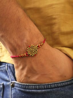BeAbhika - Golden Bead Cluster Traditional Rakhi With Roli Chawal Capsules