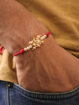 BeAbhika - Kundan Floral Pearl Red Rakhi With Roli Chawal Capsules