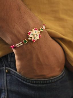 BeAbhika - Pink Floral Pearl Bhai Bhabhi Rakhi With Lumba & Roli Chawal Capsules