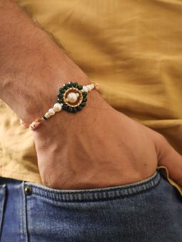 BeAbhika - Teal Pearl Bhai Bhabhi Rakhi With Lumba & Roli Chawal Capsules