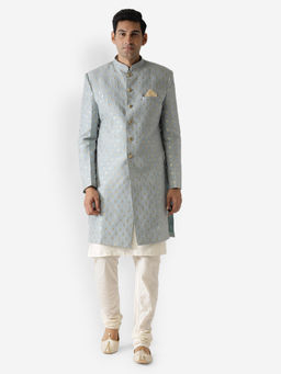KISAH - Men Blue Textured Cotton Blend Kurta Indowestern Sherwani Churidar Set with Floral Design