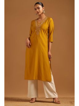 Soch - Mustard Embroidered V-Neck Kurta
