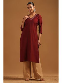 Soch - Maroon Embroidered V-Neck Kurta
